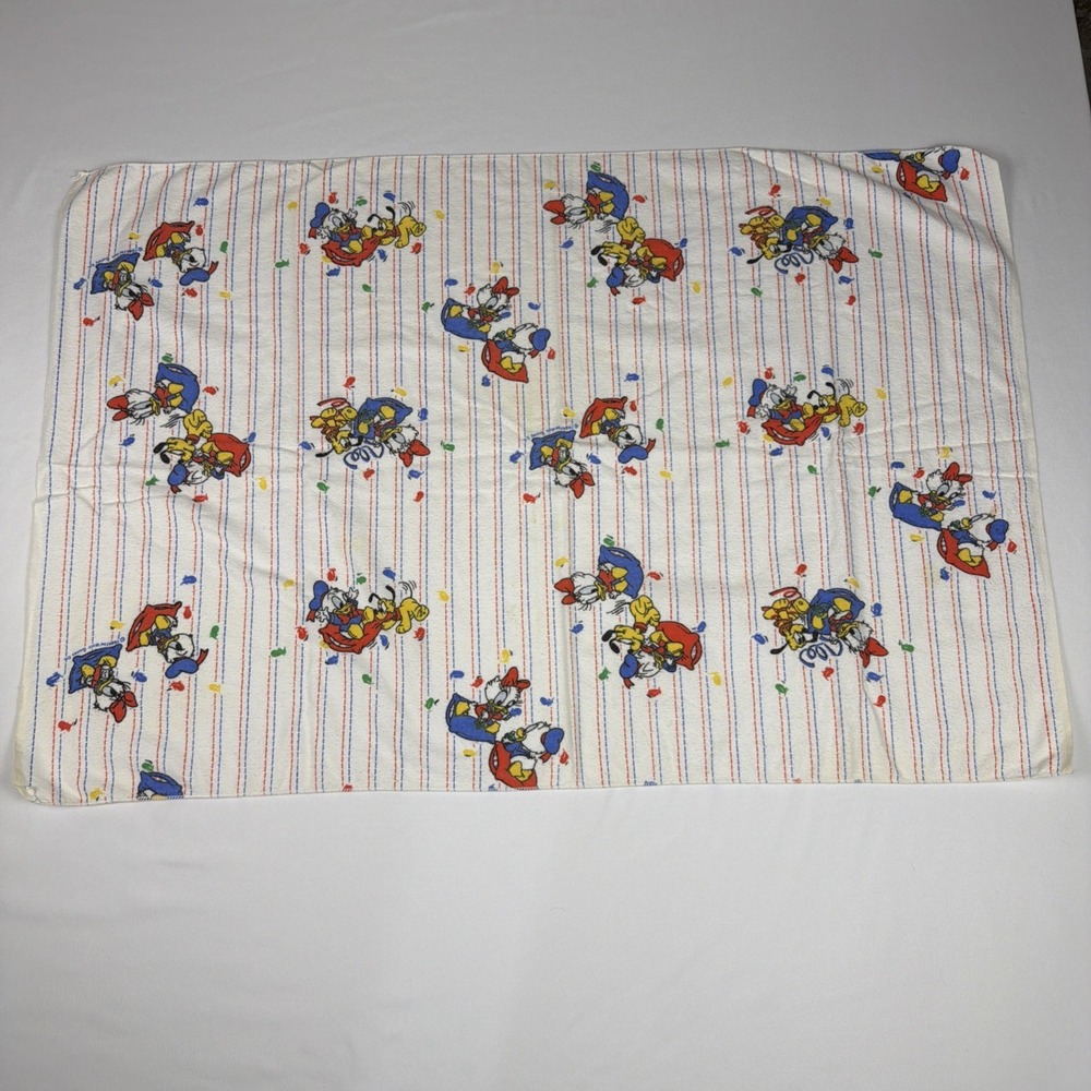 Vintage 1984 Disney Baby Blanket Donald Daisy Duck Pluto Striped White Flannel